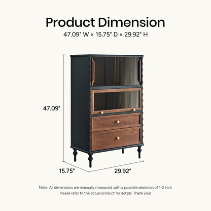 Gael Vintage Glass Display Cabinet with Drawers, Mid-Century Walnut Storage Cabinet