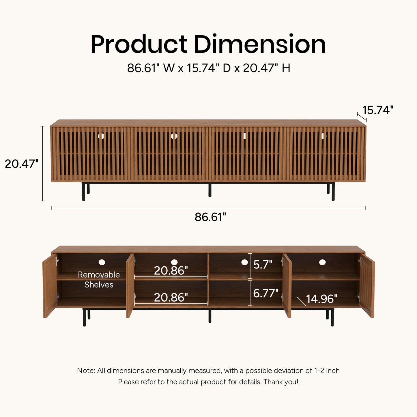 Mid-Century Modern Walnut Finish TV Stand | Slatted Entertainment Center with Storage
