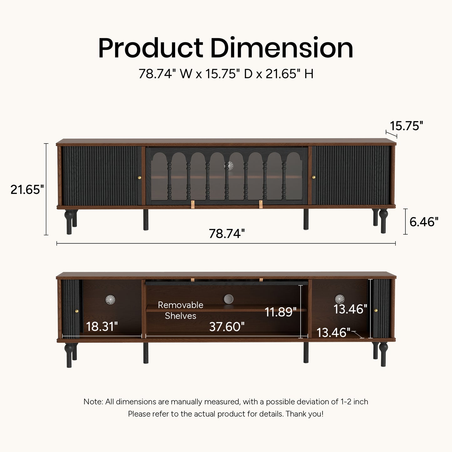 Gael Vintage TV Stand with Glass Display Cabinet, Mid-Century Walnut Media Console