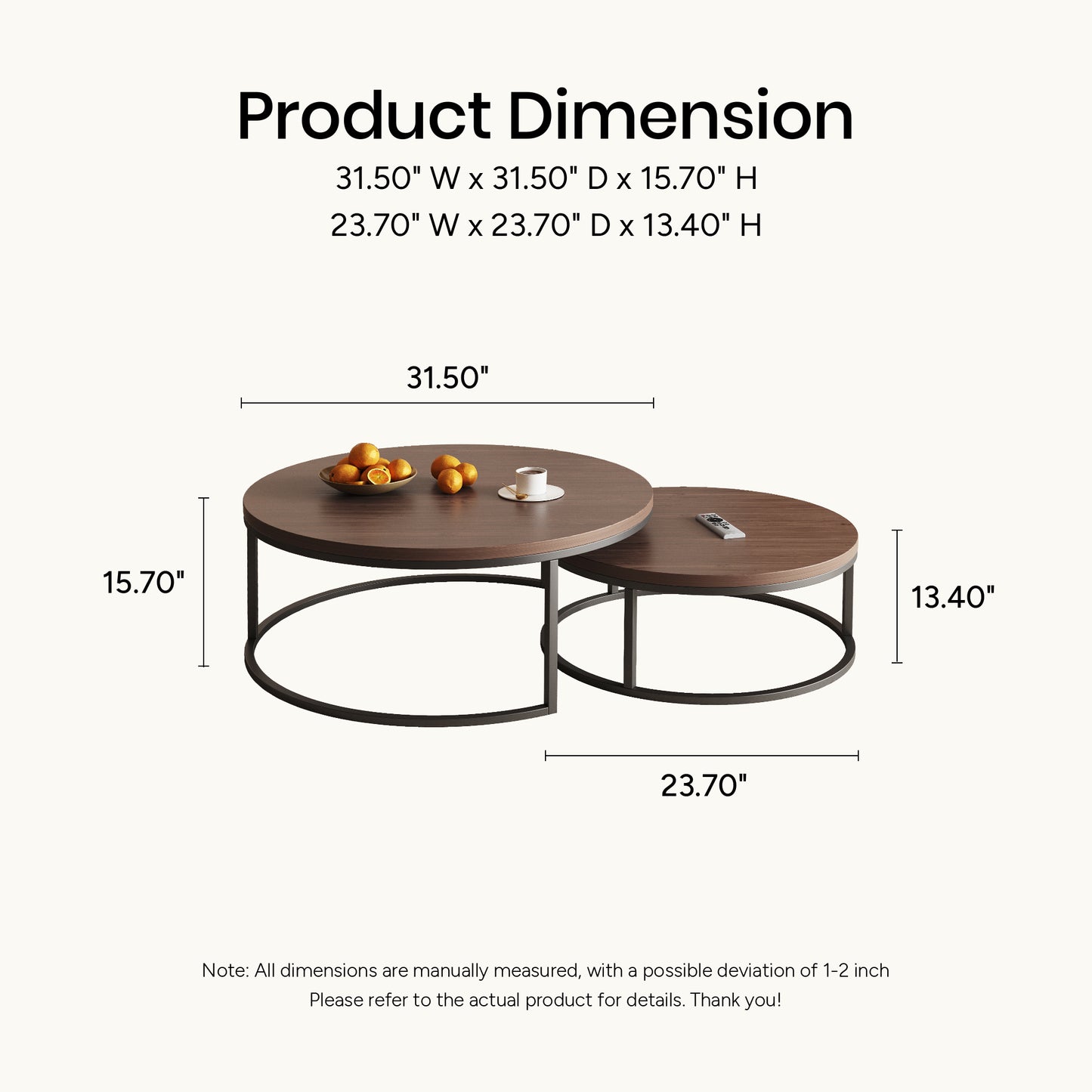 Round Nesting Coffee Tables  55.2" Set of 2 Two-Tone Finish （Warm Walnut）