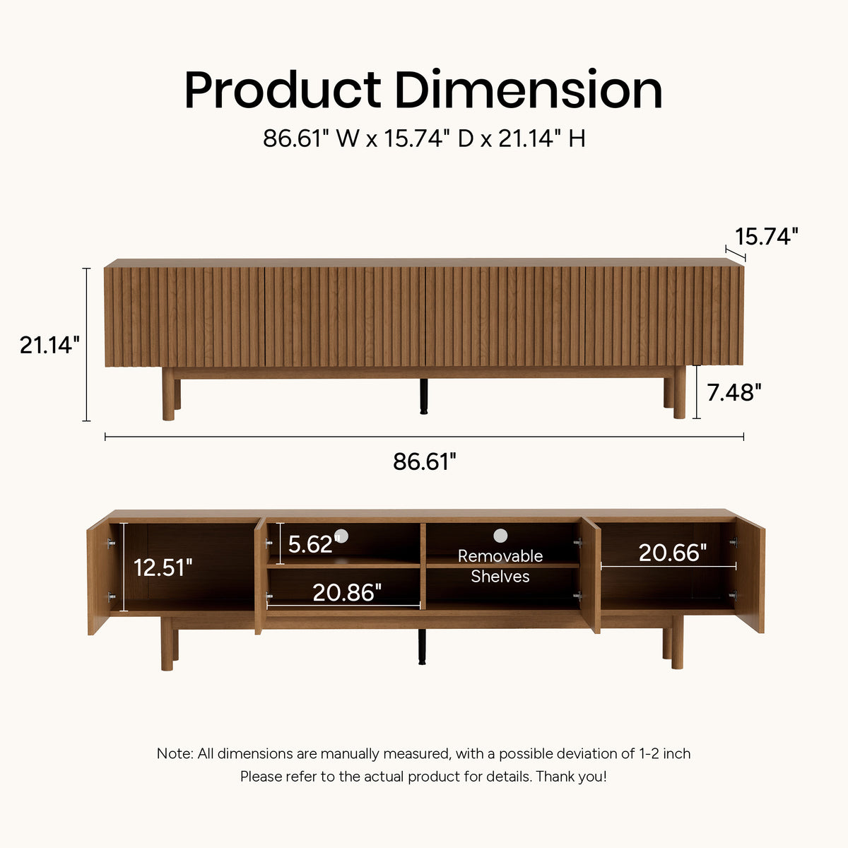 Mid-Century Modern Walnut Finish TV Stand | Fluted Storage Entertainment Center