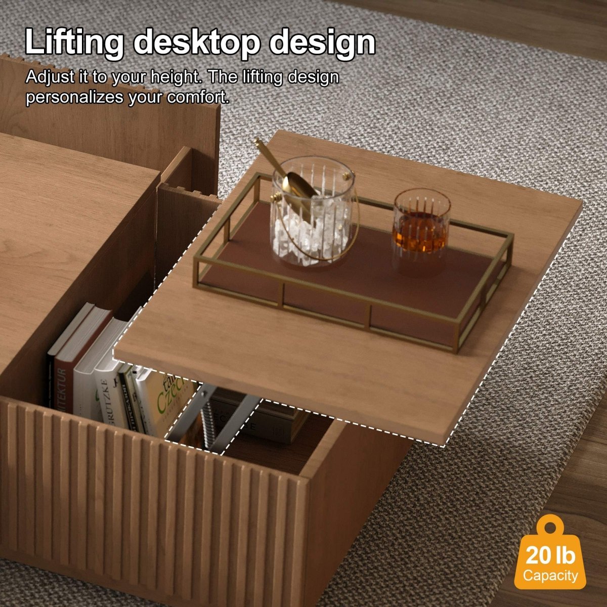 Lift Top Coffee Table with Storage 51.1" Solid Wood Drawers & Sliding Tray - FamiDear