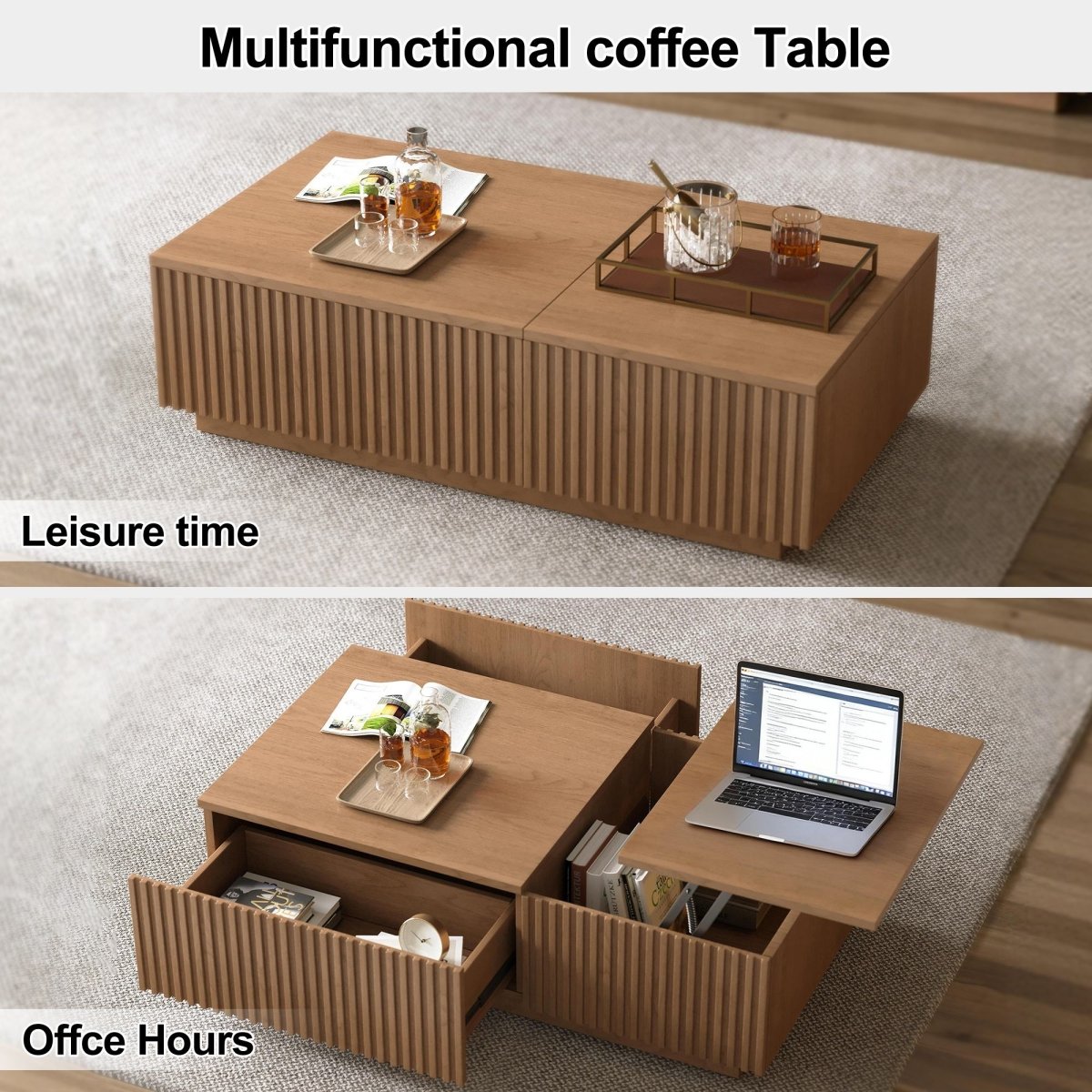 Lift Top Coffee Table with Storage 51.1" Solid Wood Drawers & Sliding Tray - FamiDear