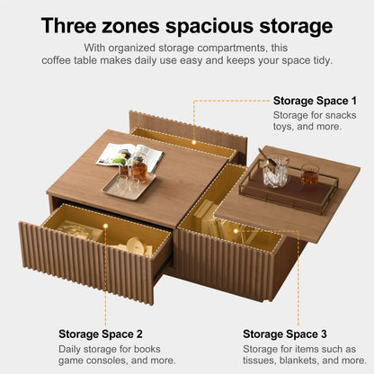 Lift Top Coffee Table with Storage 51.1" Solid Wood Drawers & Sliding Tray - FamiDear