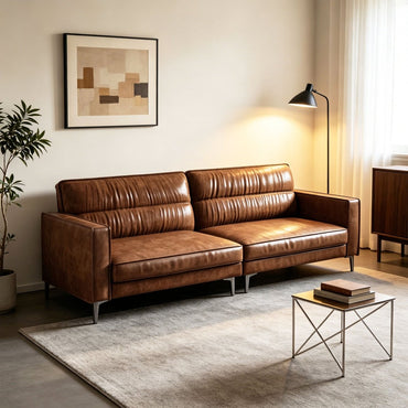 Mid Century Modern 3 Seater Leather Sofa 86.61" with Removable Cushions & Metal Legs - FamiDear