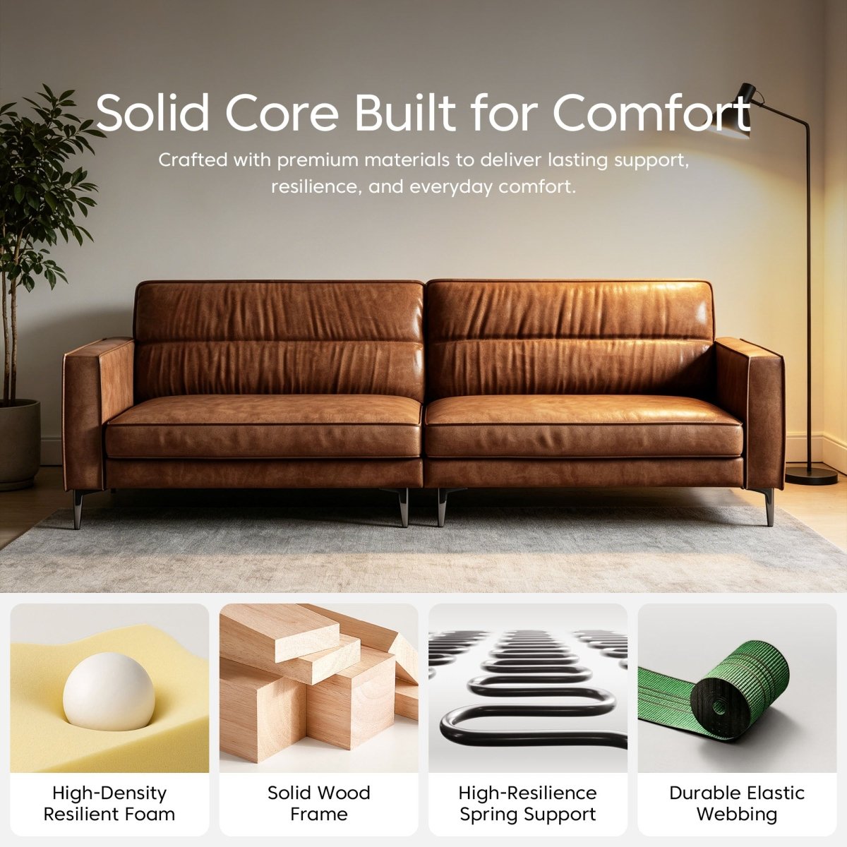 Mid Century Modern 3 Seater Leather Sofa 86.61" with Removable Cushions & Metal Legs - FamiDear