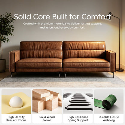 Mid Century Modern 3 Seater Leather Sofa 86.61" with Removable Cushions & Metal Legs - FamiDear