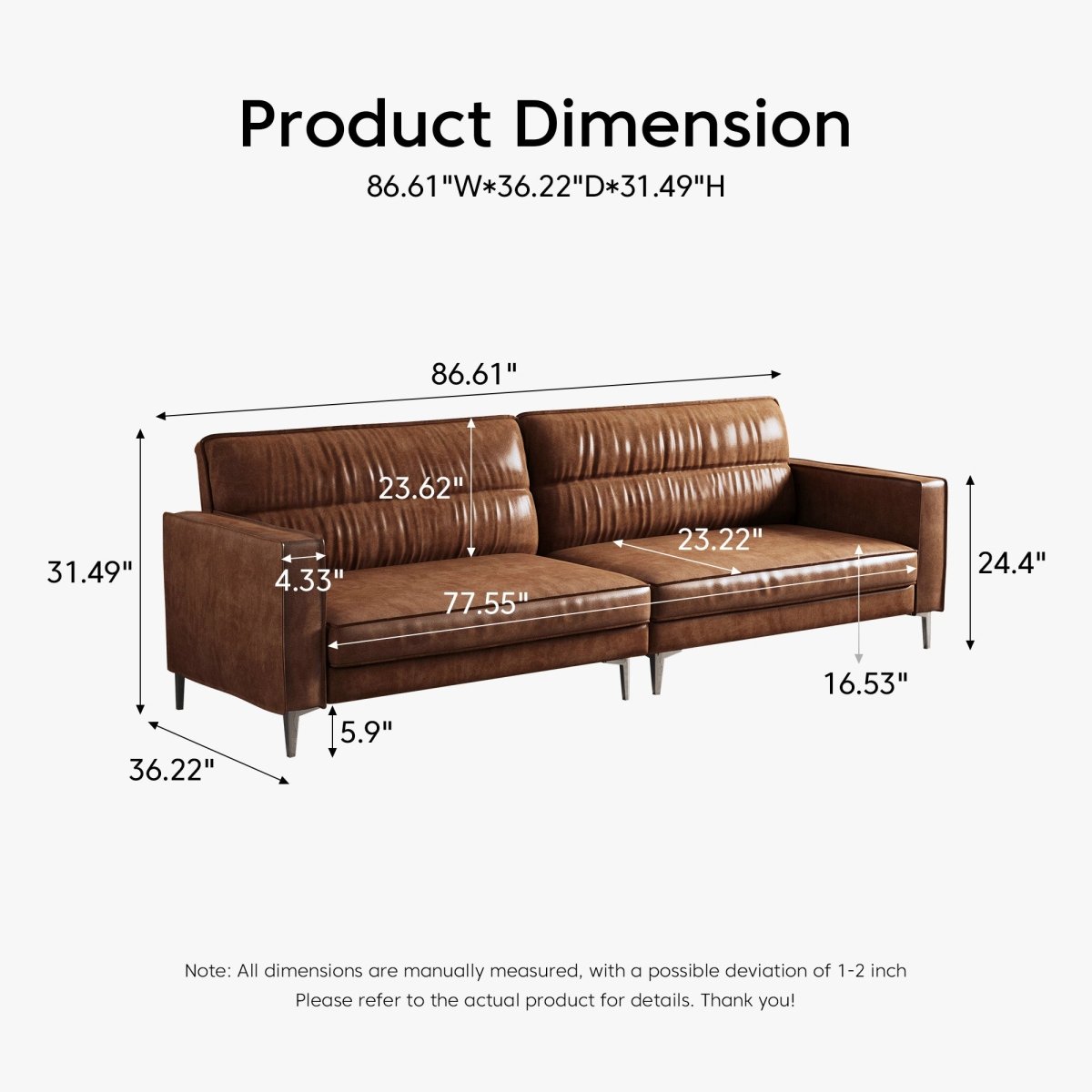 Mid Century Modern 3 Seater Leather Sofa 86.61" with Removable Cushions & Metal Legs - FamiDear