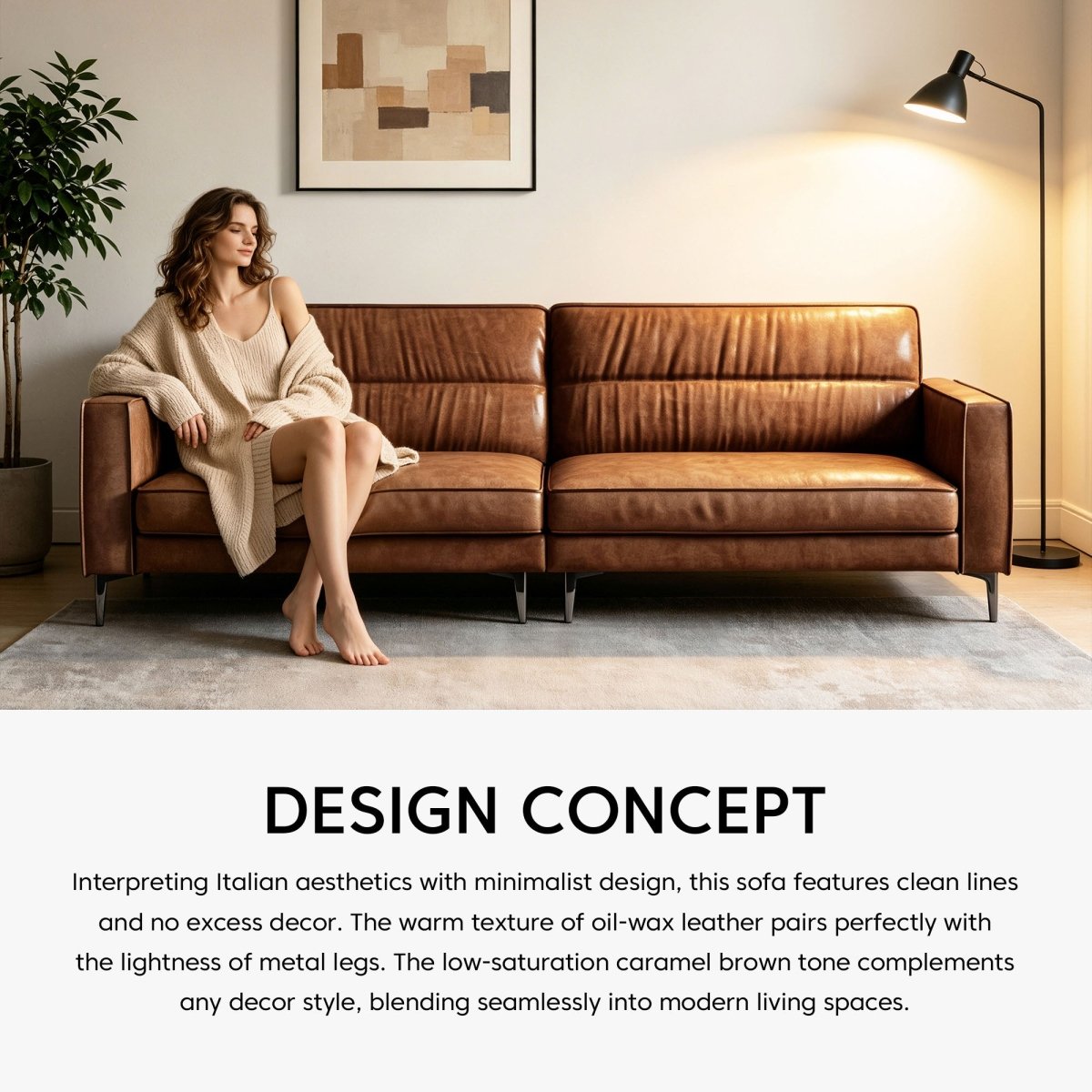 Mid Century Modern 3 Seater Leather Sofa 86.61" with Removable Cushions & Metal Legs - FamiDear