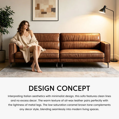 Mid Century Modern 3 Seater Leather Sofa 86.61" with Removable Cushions & Metal Legs - FamiDear