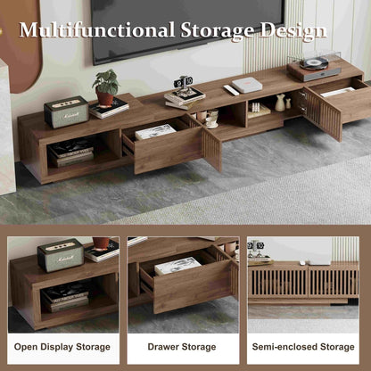 Mid - Century Modern Extendable TV Stand 78" - 103" with Sliding Slatted Doors - FamiDear