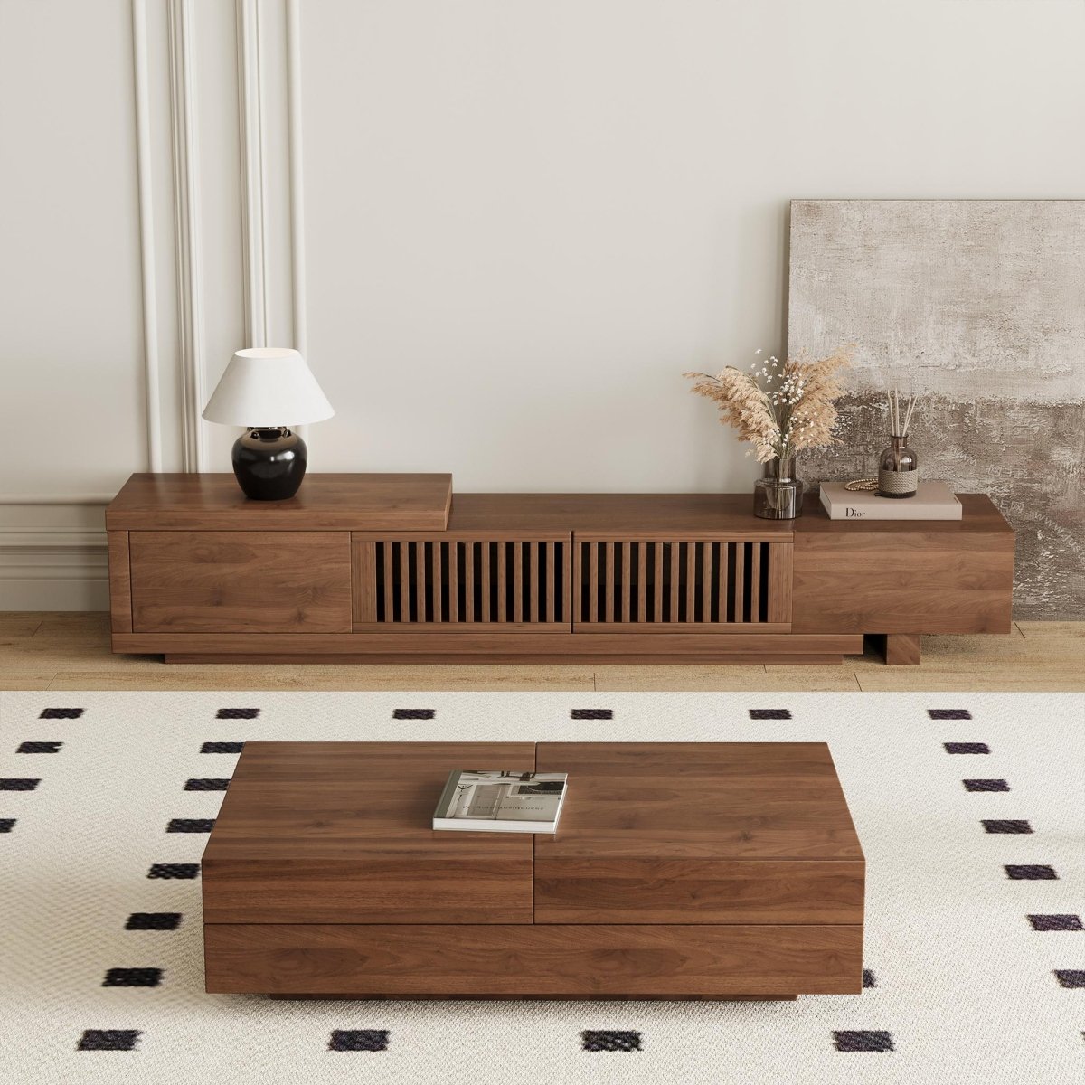 Mid - Century Modern Extendable TV Stand 78" - 103" with Sliding Slatted Doors - FamiDear