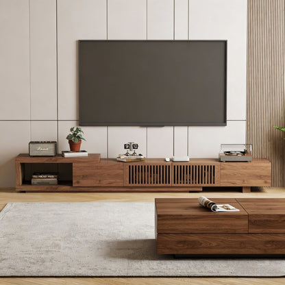 Mid - Century Modern Extendable TV Stand 78" - 103" with Sliding Slatted Doors - FamiDear