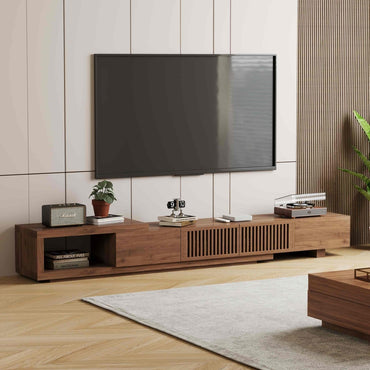Mid - Century Modern Extendable TV Stand 78" - 103" with Sliding Slatted Doors - FamiDear