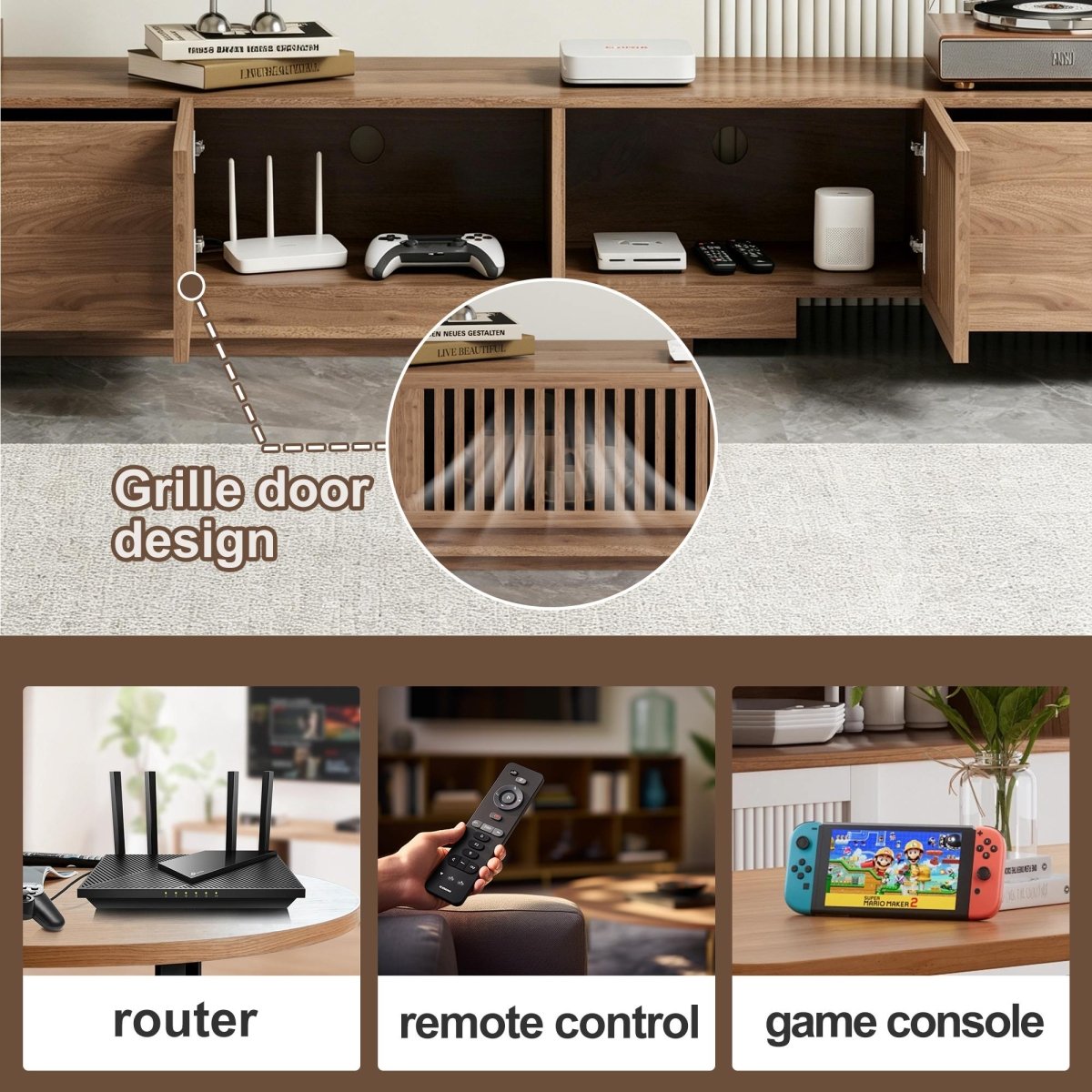 Mid - Century Modern Extendable TV Stand 78" - 103" with Sliding Slatted Doors - FamiDear