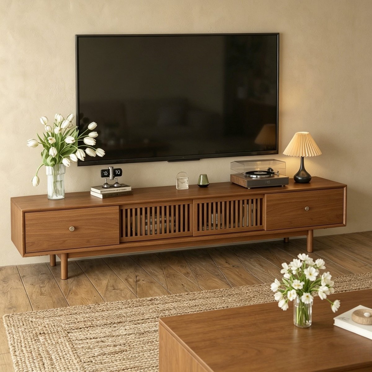 Mid - Century Modern Floating TV Stand 78.7" with Slatted Sliding Doors - FamiDear