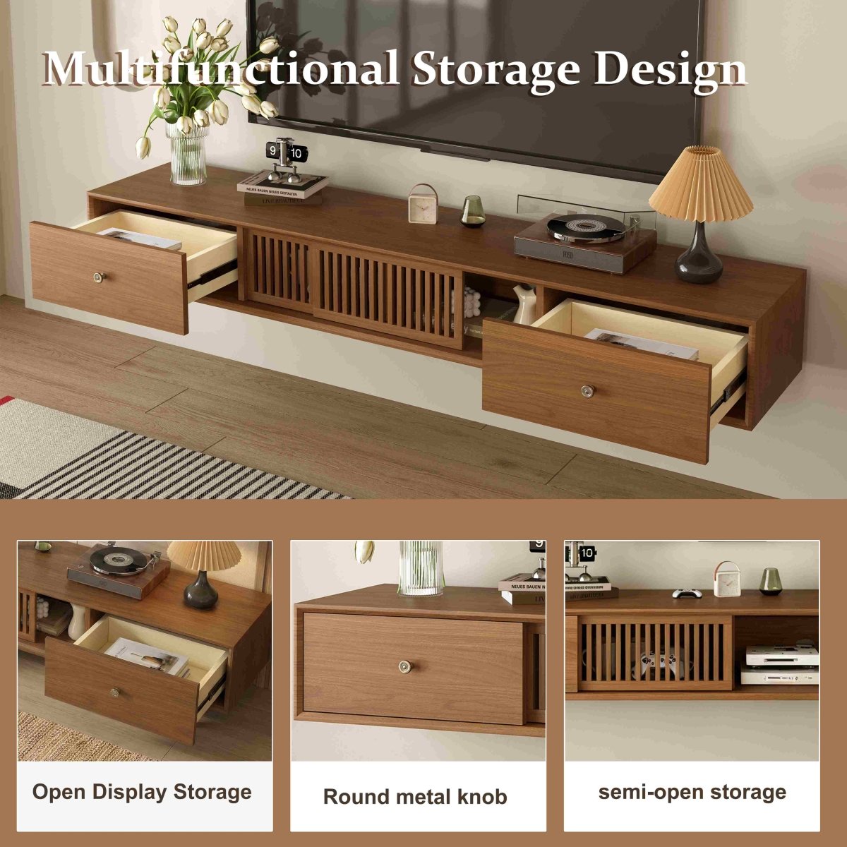 Mid - Century Modern Floating TV Stand 78.7" with Slatted Sliding Doors - FamiDear
