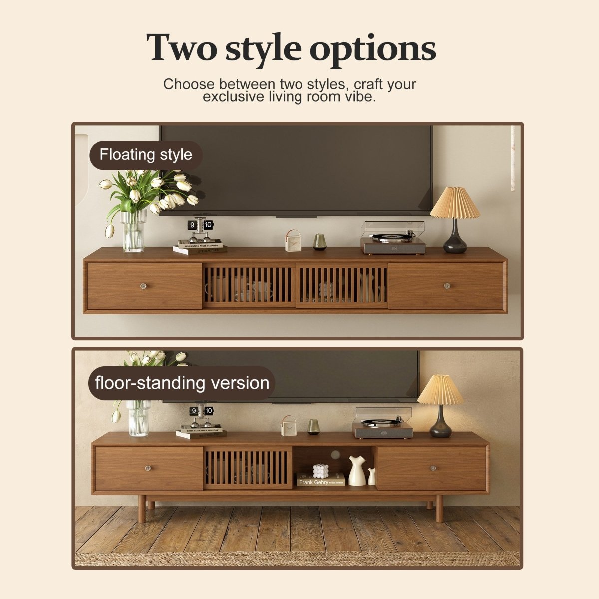 Mid - Century Modern Floating TV Stand 78.7" with Slatted Sliding Doors - FamiDear
