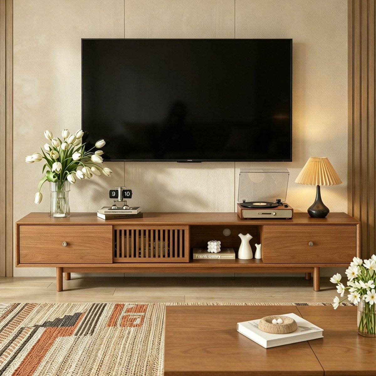 Mid - Century Modern Floating TV Stand 78.7" with Slatted Sliding Doors - FamiDear