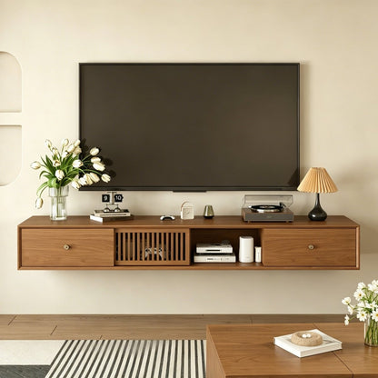 Mid - Century Modern Floating TV Stand 78.7" with Slatted Sliding Doors - FamiDear