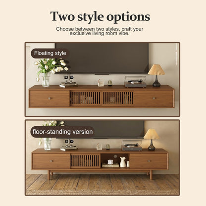 Mid - Century Modern Floating TV Stand 78.7" with Slatted Sliding Doors - FamiDear