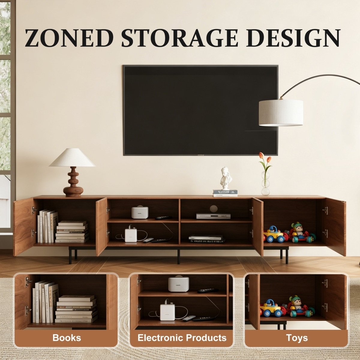 Mid Century Modern TV Stand 94.48" & 70.87" with Cable Management & 4 Storage Cabinets - FamiDear
