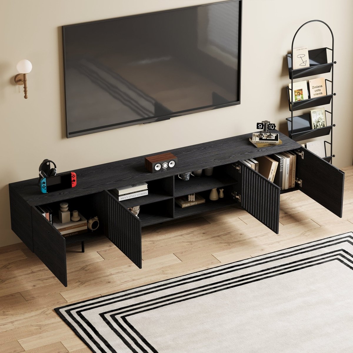 Mid Century Modern TV Stand 94.48" & 70.87" with Cable Management & 4 Storage Cabinets - FamiDear