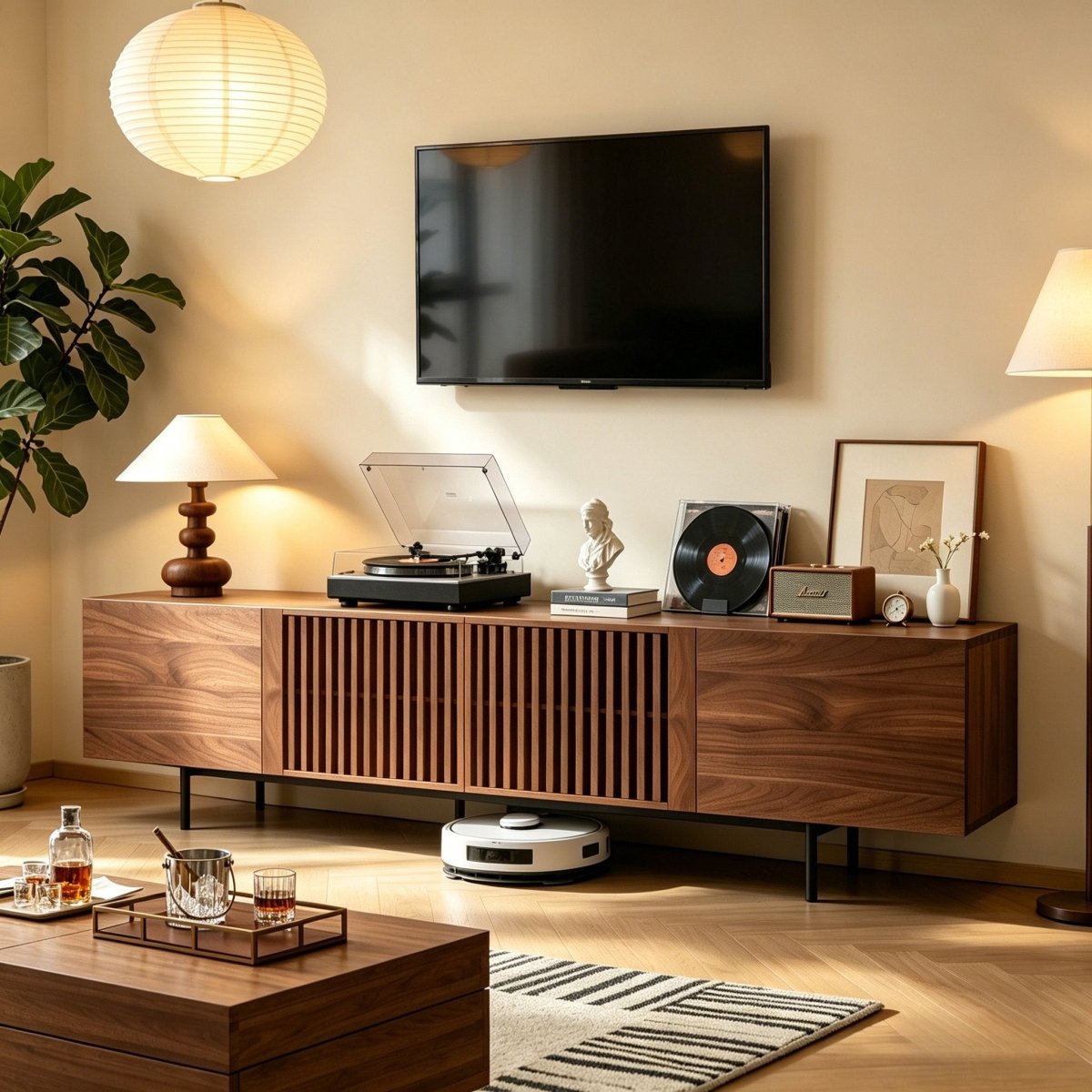 Mid Century Modern TV Stand 94.48" & 70.87" with Cable Management & 4 Storage Cabinets - FamiDear