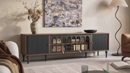 Gael Vintage TV Stand with Glass Display Cabinet, Mid-Century Walnut Media Console