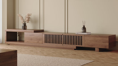 Mid-Century Modern Extendable TV Stand 78"-103" with Sliding Slatted Doors