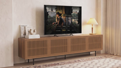 Mid-Century Modern Walnut Finish TV Stand | Slatted Entertainment Center with Storage