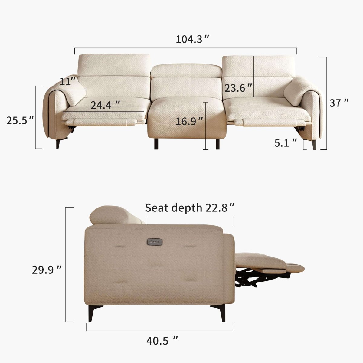 Sofa C29 - FK - N001 Modern Power Recliner Solid Larch Frame 104.3" - FamiDear