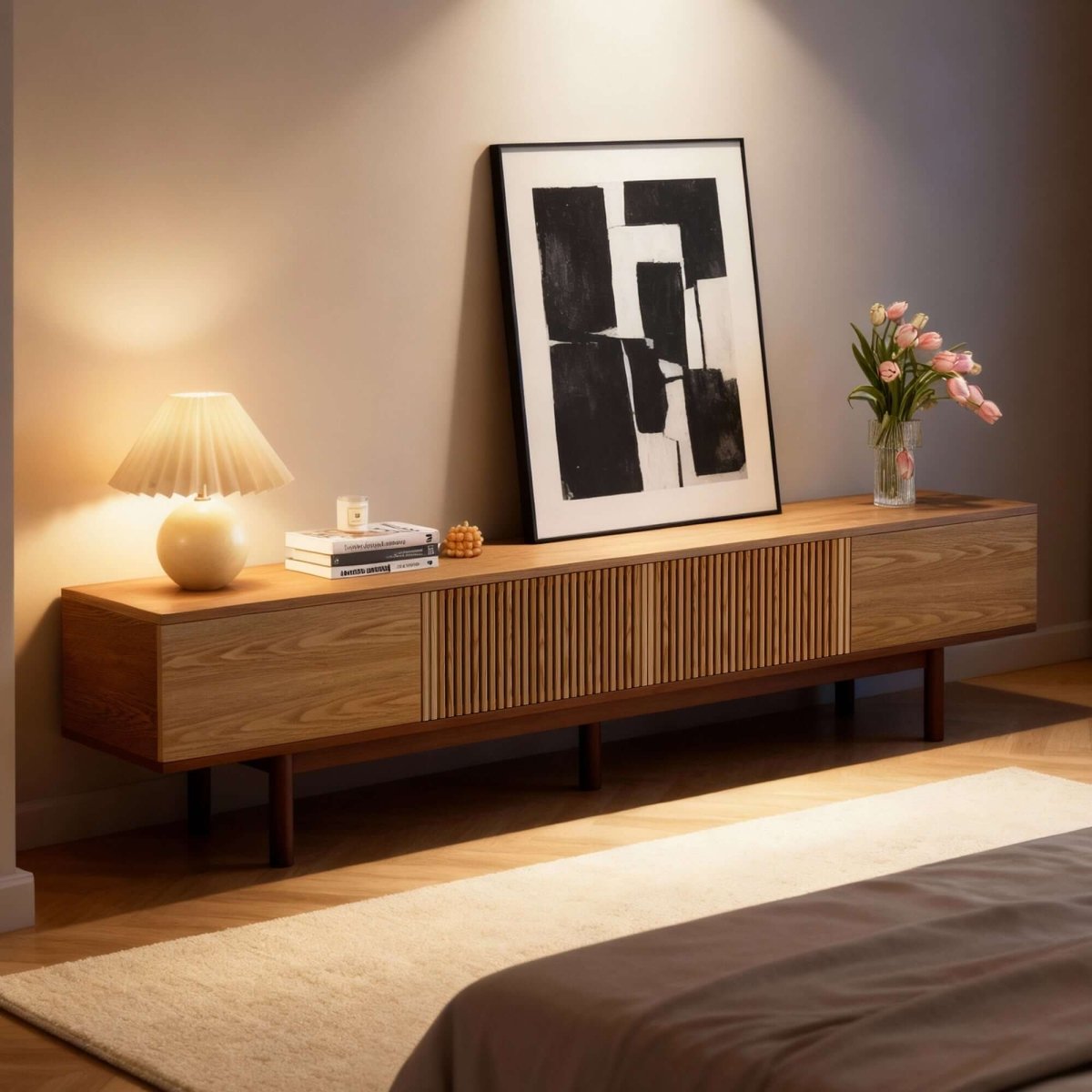 TV Stand T02 - GK - M001 Mid - Century Modern Cable Management 4 - Door 86.6" - FamiDear