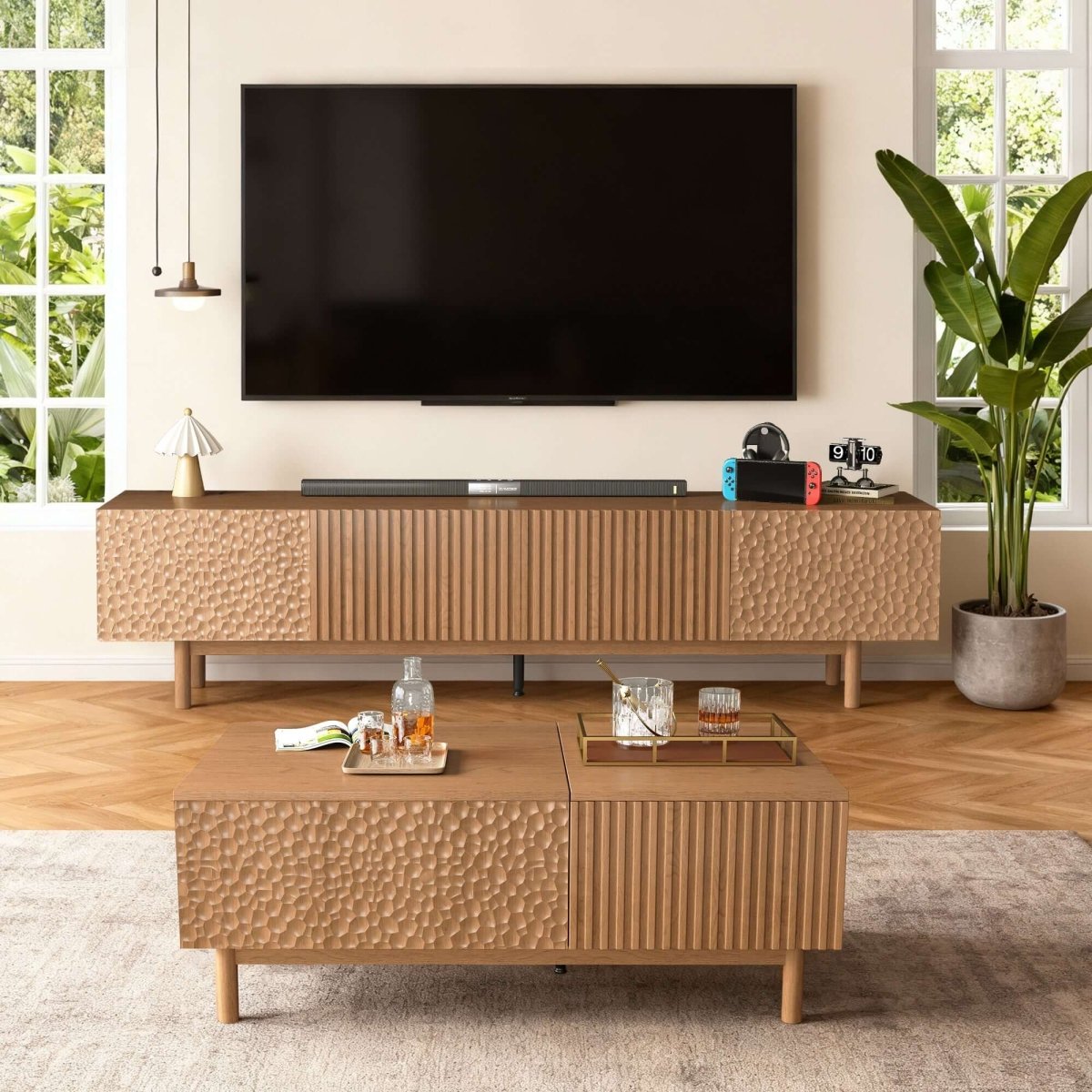 TV Stand T04 - FK - M001 Mid - Century Modern Adjustable Shelves Cable Management 86.6"Deals - FamiDear