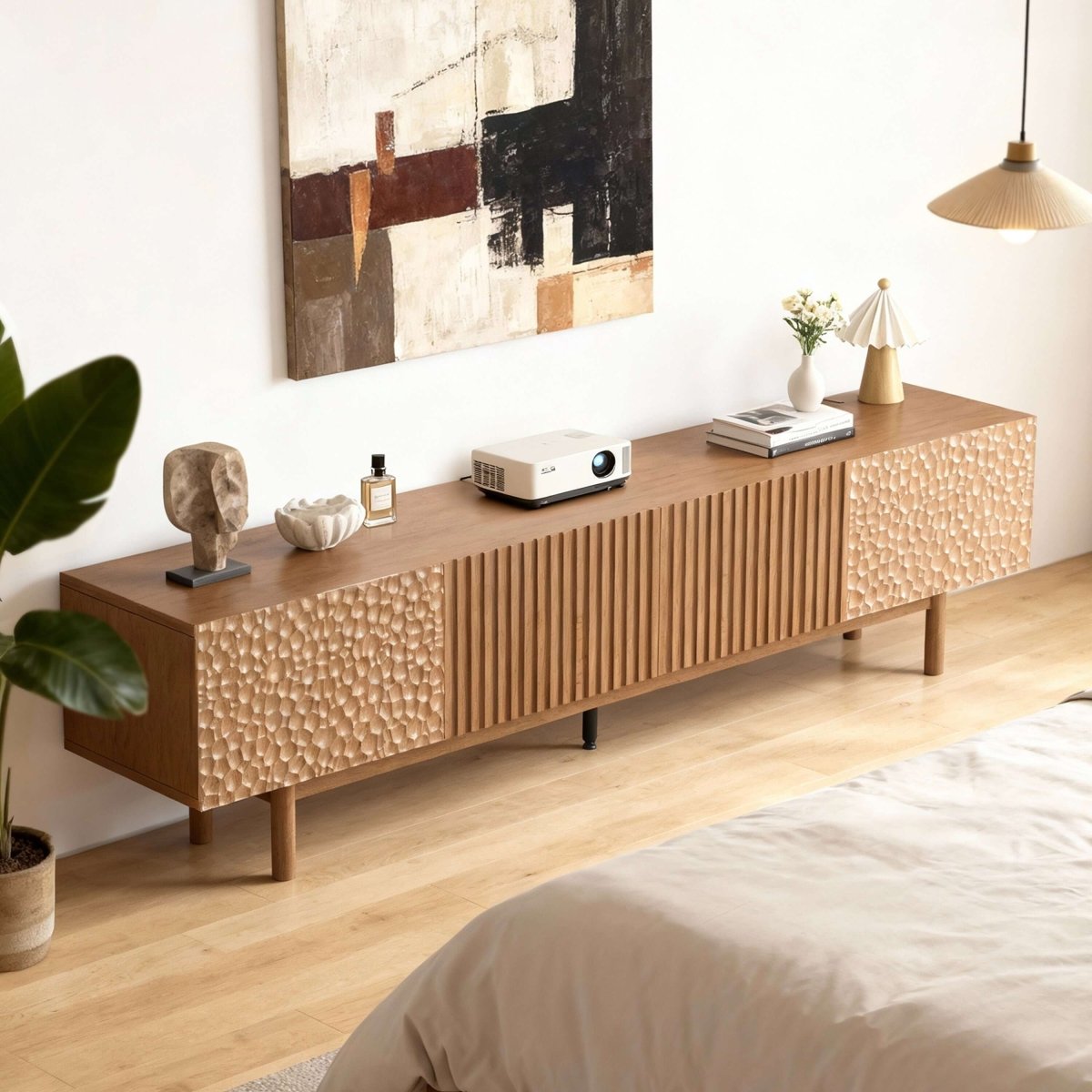 TV Stand T04 - FK - M001 Mid - Century Modern Adjustable Shelves Cable Management 86.6"Deals - FamiDear