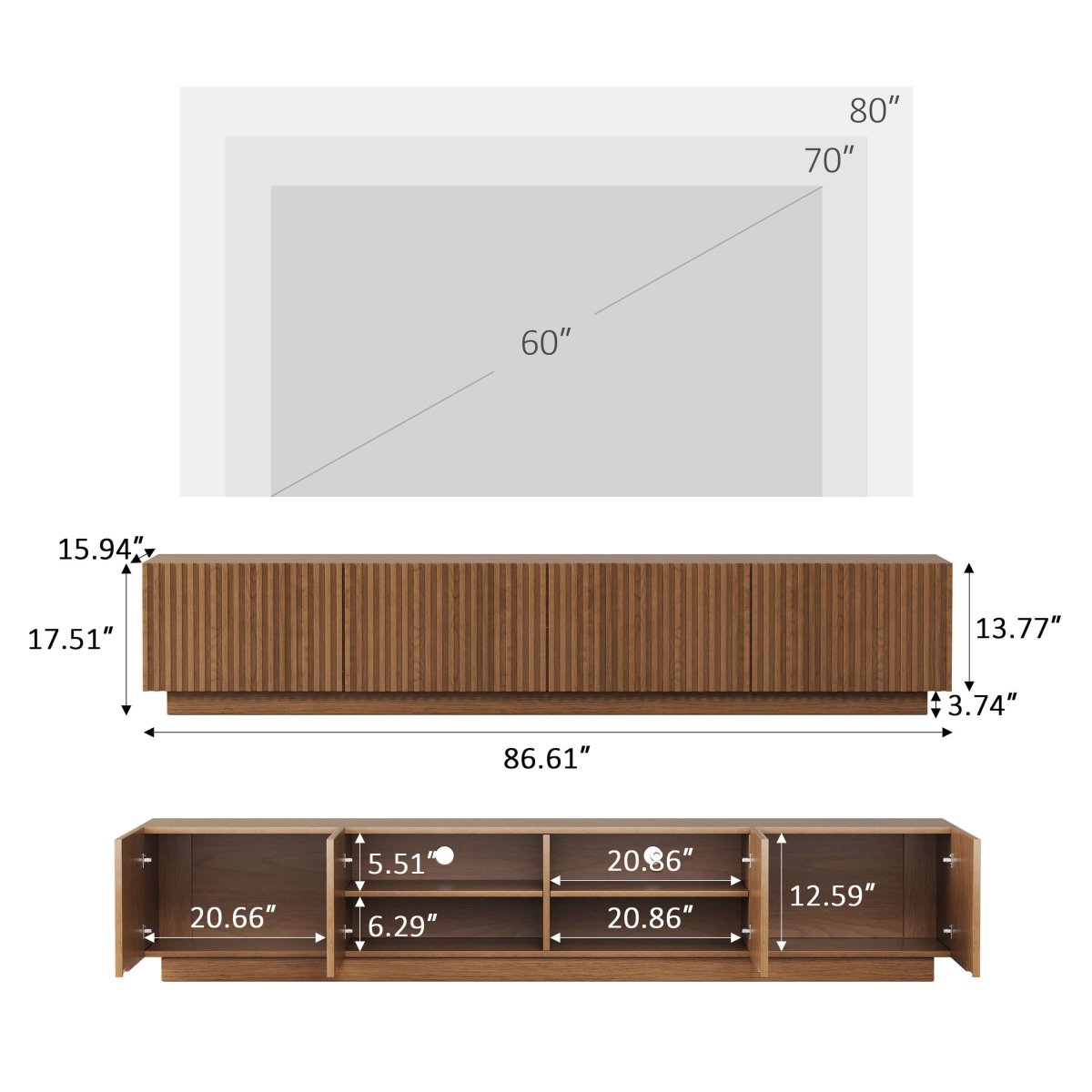 TV Stand T05 - FK - M001 Mid - Century Modern Adjustable Shelves Cable Management 86.61" - FamiDear