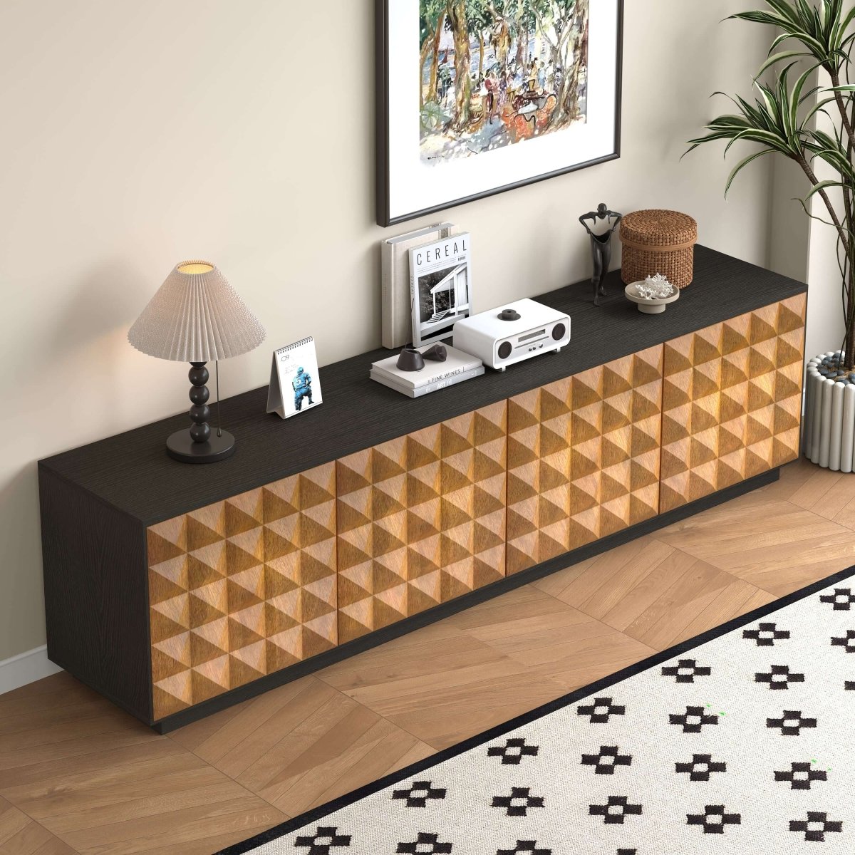 TV Stand T14 - FK - M001 Mid - Century Modern Cable Management 4 - Door 87.79" - FamiDear